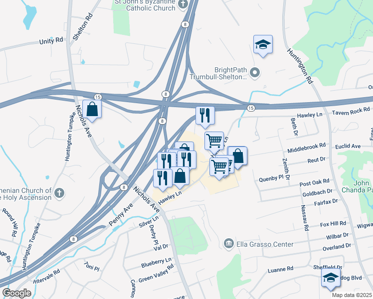 map of restaurants, bars, coffee shops, grocery stores, and more near 120 Hawley Lane in Trumbull