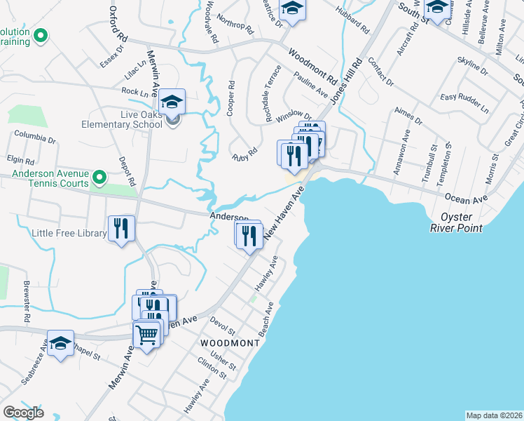 map of restaurants, bars, coffee shops, grocery stores, and more near 10 Grove Street in Milford