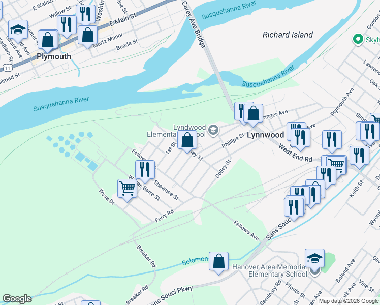 map of restaurants, bars, coffee shops, grocery stores, and more near 317 Phillips Street in Wilkes-Barre