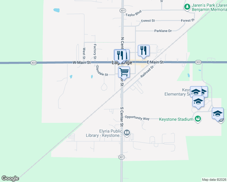 map of restaurants, bars, coffee shops, grocery stores, and more near 303 South Center Street in LaGrange