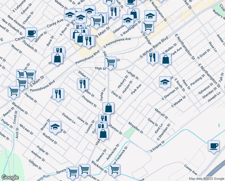 map of restaurants, bars, coffee shops, grocery stores, and more near 216 Dana Street in Wilkes-Barre
