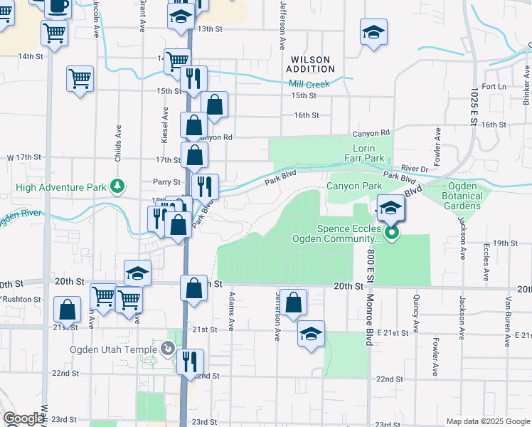 map of restaurants, bars, coffee shops, grocery stores, and more near 525 Park Boulevard in Ogden