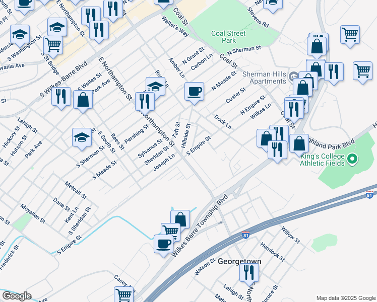 map of restaurants, bars, coffee shops, grocery stores, and more near 34 Oakwood Lane in Wilkes-Barre