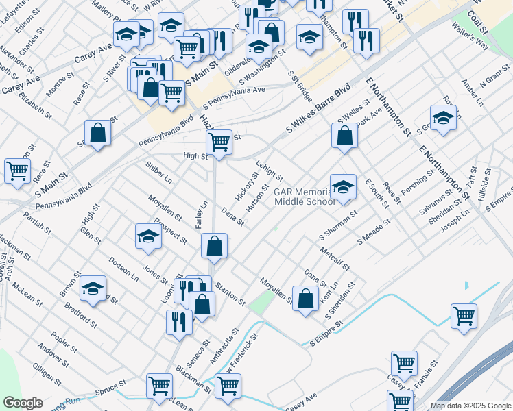 map of restaurants, bars, coffee shops, grocery stores, and more near 39 Hutson Street in Wilkes-Barre