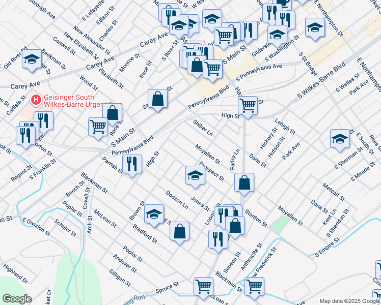 map of restaurants, bars, coffee shops, grocery stores, and more near 46 Prospect St in Wilkes-Barre