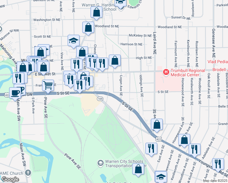 map of restaurants, bars, coffee shops, grocery stores, and more near 195 Linden Avenue Northeast in Warren