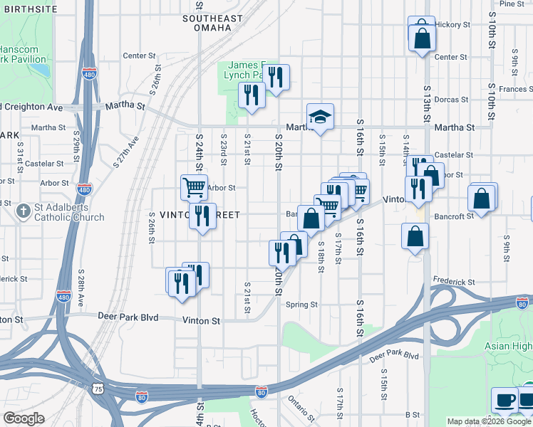 map of restaurants, bars, coffee shops, grocery stores, and more near 2515 South 20th Avenue in Omaha