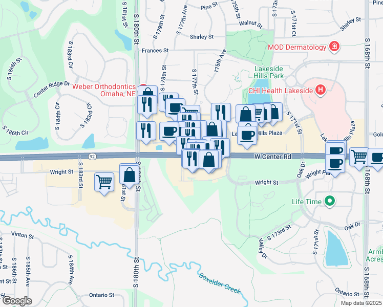 map of restaurants, bars, coffee shops, grocery stores, and more near 17718 West Center Road in Omaha