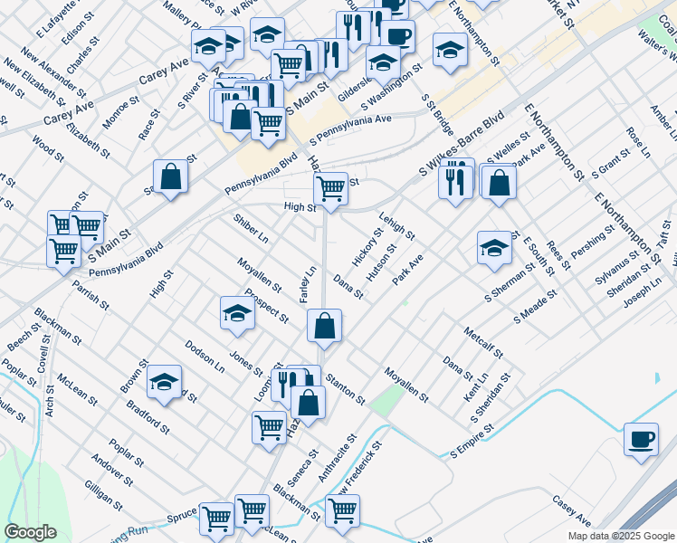 map of restaurants, bars, coffee shops, grocery stores, and more near 216 Dana Street in Wilkes-Barre