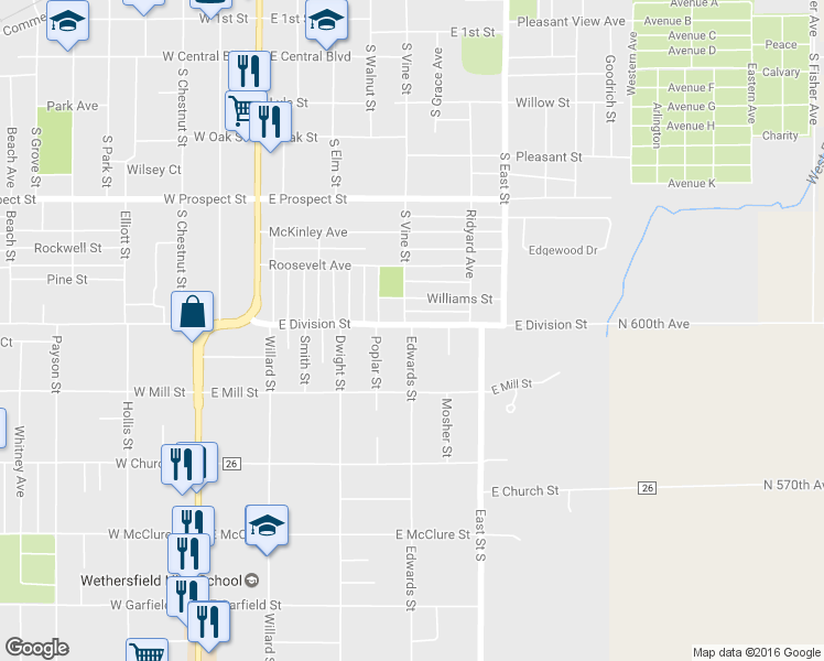 map of restaurants, bars, coffee shops, grocery stores, and more near 136 Edwards Street in Kewanee