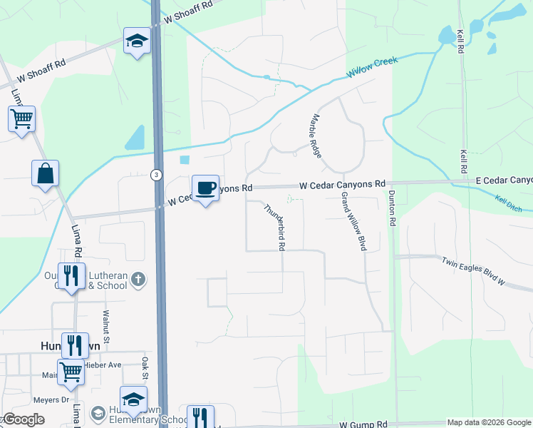 map of restaurants, bars, coffee shops, grocery stores, and more near 16231 Thunderbird Road in Huntertown