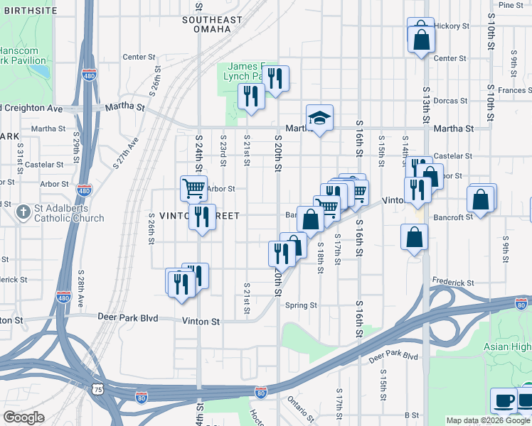 map of restaurants, bars, coffee shops, grocery stores, and more near 2515 South 20th Avenue in Omaha