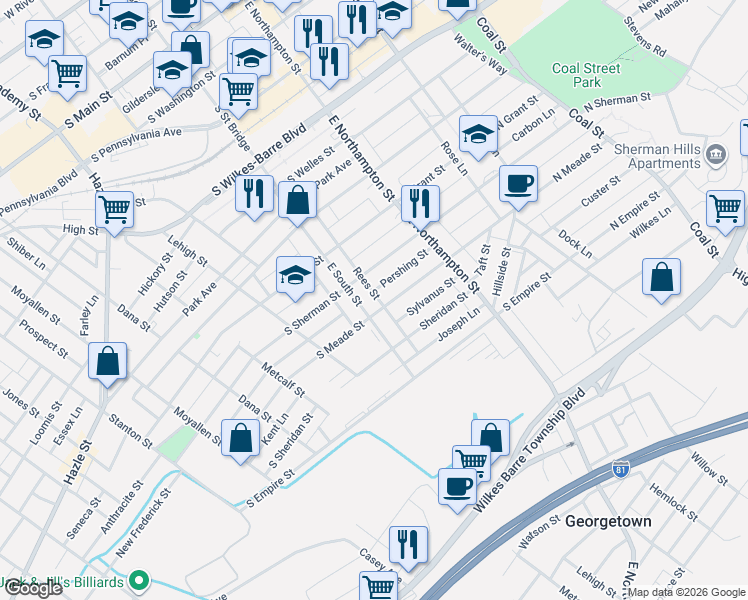 map of restaurants, bars, coffee shops, grocery stores, and more near 363 East Northampton Street in Wilkes-Barre