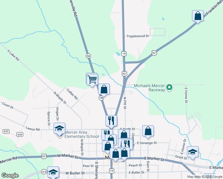 map of restaurants, bars, coffee shops, grocery stores, and more near 17 Coolspring Street in Mercer