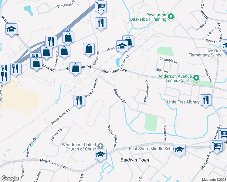 map of restaurants, bars, coffee shops, grocery stores, and more near 279 Brewster Road in Milford