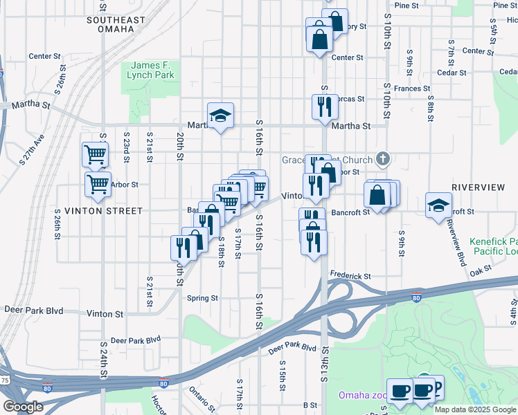 map of restaurants, bars, coffee shops, grocery stores, and more near in Omaha