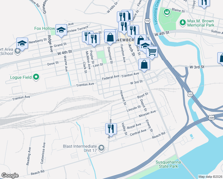 map of restaurants, bars, coffee shops, grocery stores, and more near 2216 West 3rd Street in Williamsport