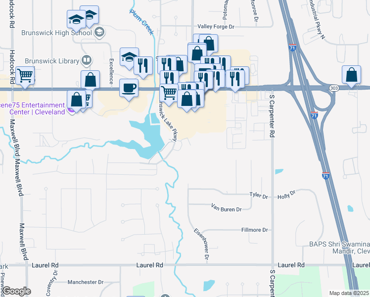 map of restaurants, bars, coffee shops, grocery stores, and more near 3430 Brunswick Lake Parkway in Brunswick