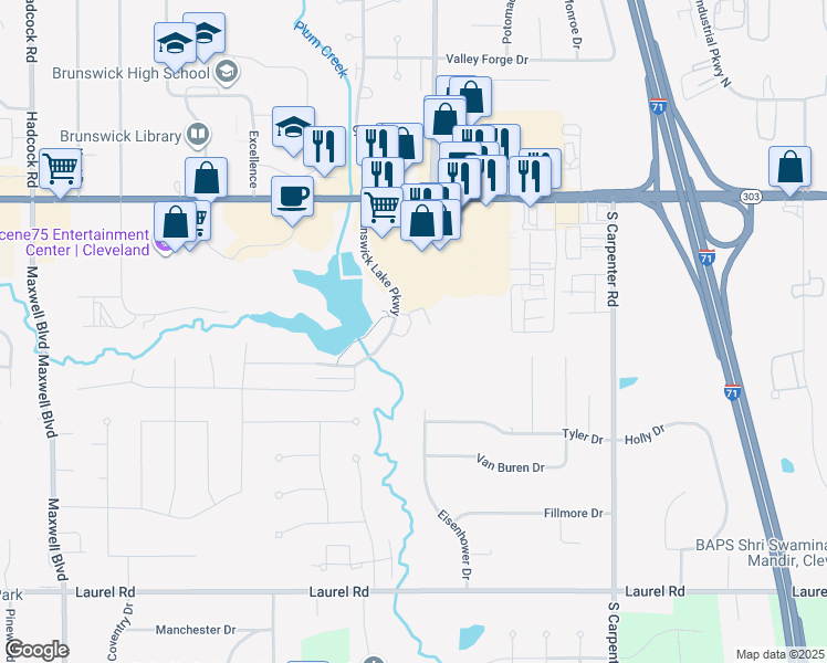 map of restaurants, bars, coffee shops, grocery stores, and more near 3430 Brunswick Lake Parkway in Brunswick