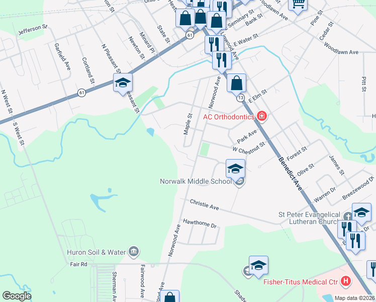 map of restaurants, bars, coffee shops, grocery stores, and more near 45 Maple Street in Norwalk