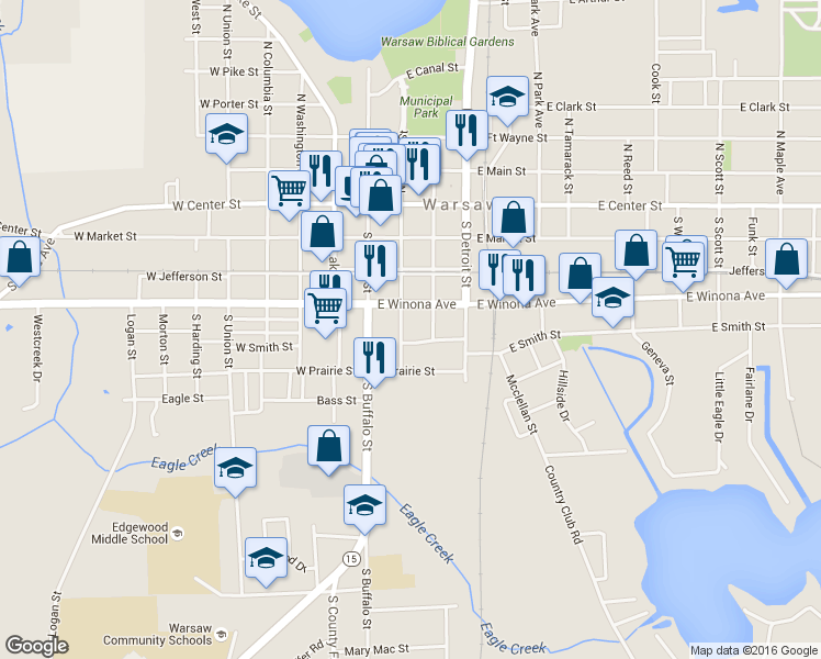 map of restaurants, bars, coffee shops, grocery stores, and more near 401 South Indiana Street in Warsaw