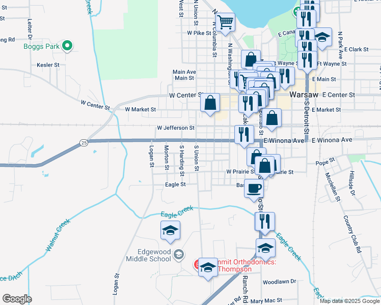 map of restaurants, bars, coffee shops, grocery stores, and more near 519 W Winona Ave in Warsaw