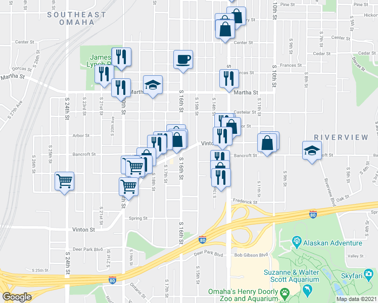 map of restaurants, bars, coffee shops, grocery stores, and more near in Omaha