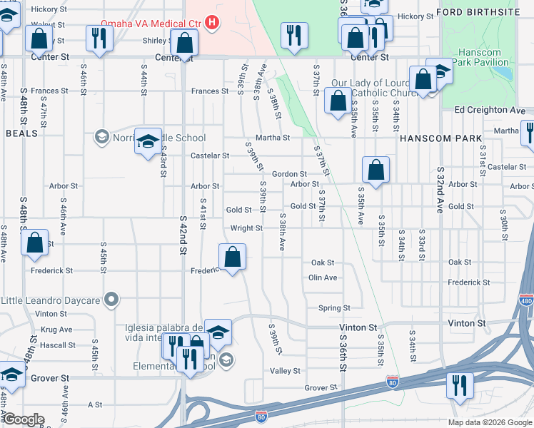 map of restaurants, bars, coffee shops, grocery stores, and more near 3910 Gold Street in Omaha