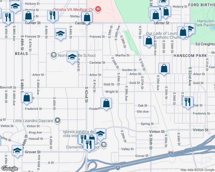 map of restaurants, bars, coffee shops, grocery stores, and more near 3943 Arbor Street in Omaha