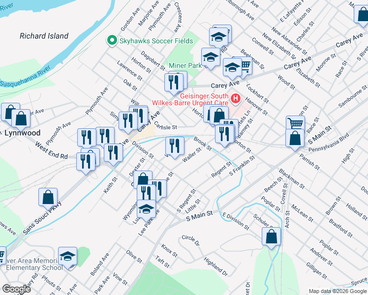 map of restaurants, bars, coffee shops, grocery stores, and more near 184 Brook Street in Wilkes-Barre