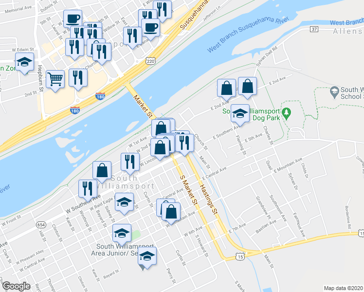 map of restaurants, bars, coffee shops, grocery stores, and more near 216 Hastings Street in South Williamsport