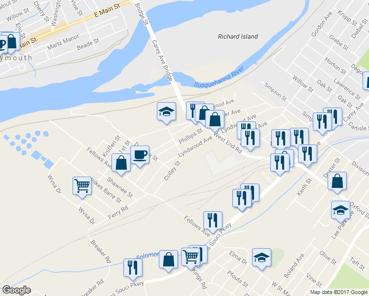 map of restaurants, bars, coffee shops, grocery stores, and more near 245 Lyndwood Avenue in Wilkes-Barre