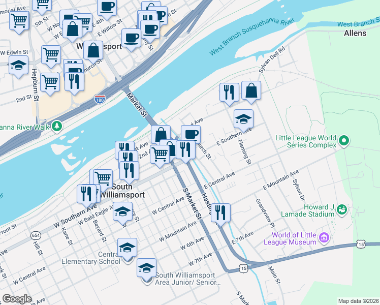 map of restaurants, bars, coffee shops, grocery stores, and more near 248 Main Street in South Williamsport