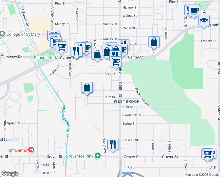 map of restaurants, bars, coffee shops, grocery stores, and more near 2608 South 61st Street in Omaha