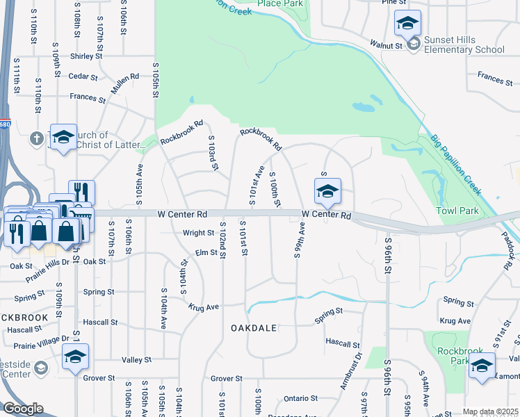 map of restaurants, bars, coffee shops, grocery stores, and more near 2603 South 101st Avenue in Omaha