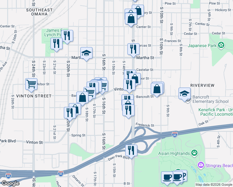 map of restaurants, bars, coffee shops, grocery stores, and more near 1424 Vinton Street in Omaha