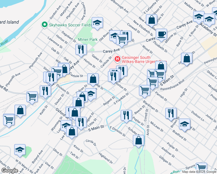 map of restaurants, bars, coffee shops, grocery stores, and more near 189-191 Barney Street in Wilkes-Barre