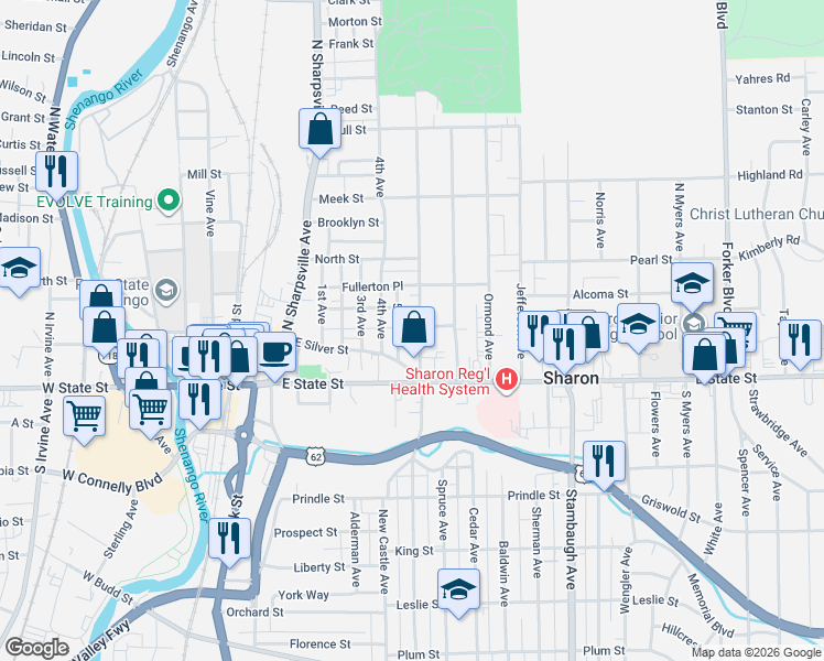 map of restaurants, bars, coffee shops, grocery stores, and more near 142 North Oakland Avenue in Sharon