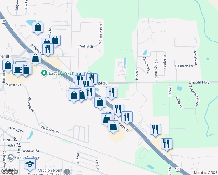 map of restaurants, bars, coffee shops, grocery stores, and more near 486 Clinic Court in Warsaw