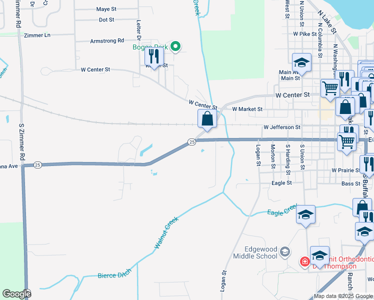 map of restaurants, bars, coffee shops, grocery stores, and more near 938-1486 Highway 25 in Warsaw
