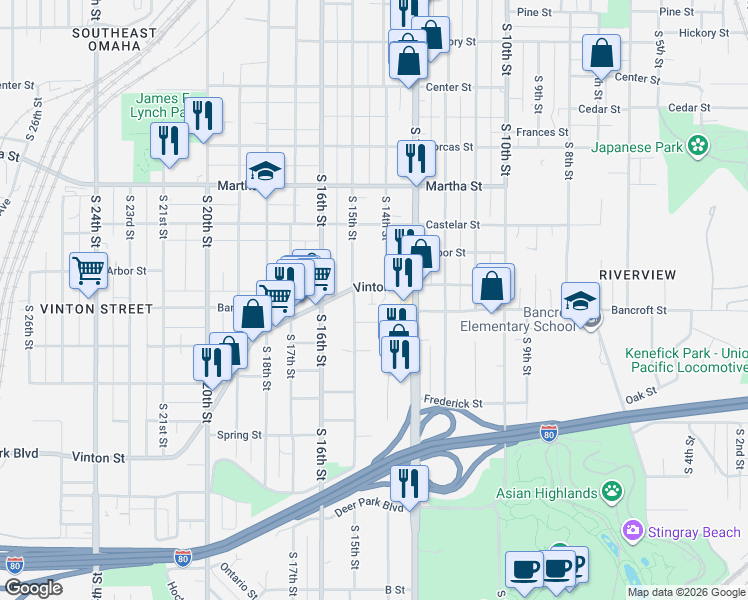 map of restaurants, bars, coffee shops, grocery stores, and more near 1424 Vinton Street in Omaha