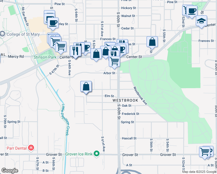map of restaurants, bars, coffee shops, grocery stores, and more near 2608 South 61st Street in Omaha