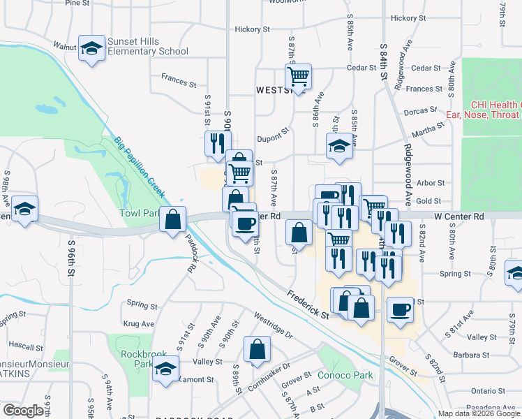 map of restaurants, bars, coffee shops, grocery stores, and more near 2613 South 88th Street in Omaha