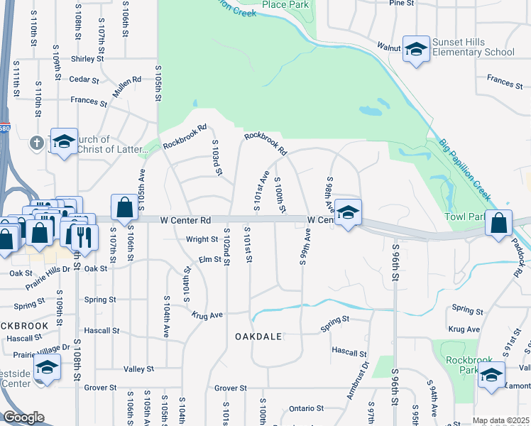 map of restaurants, bars, coffee shops, grocery stores, and more near 2603 South 101st Avenue in Omaha