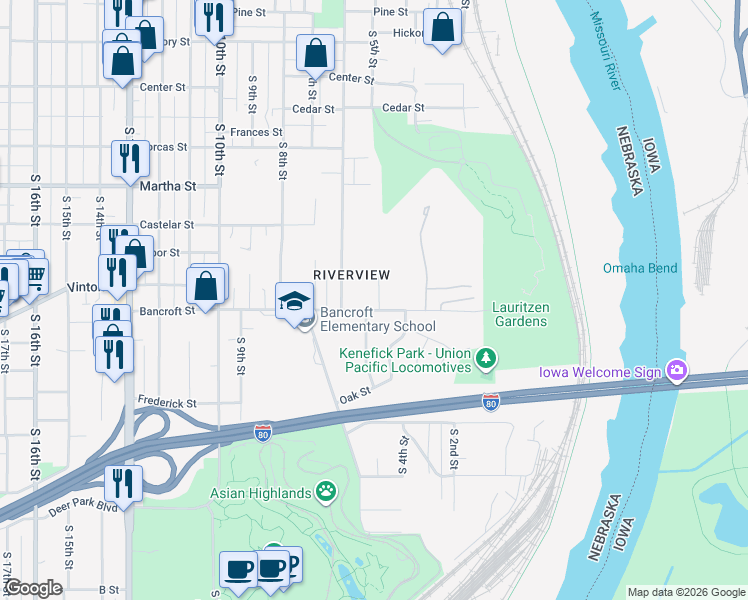 map of restaurants, bars, coffee shops, grocery stores, and more near 2470 South 5th Street in Omaha