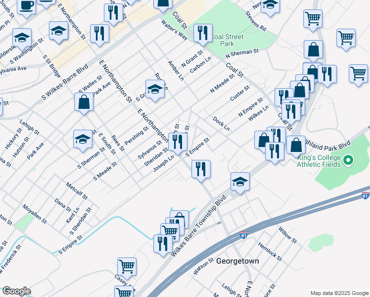 map of restaurants, bars, coffee shops, grocery stores, and more near 34 Oakwood Lane in Wilkes-Barre