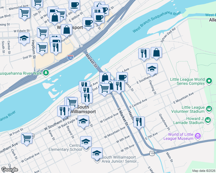 map of restaurants, bars, coffee shops, grocery stores, and more near 222 South Market Street in Williamsport