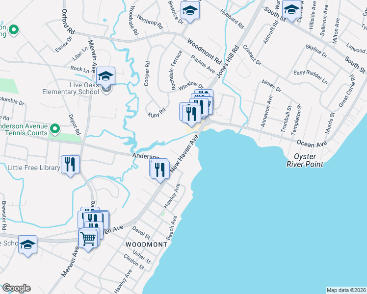 map of restaurants, bars, coffee shops, grocery stores, and more near 1646 New Haven Avenue in Milford