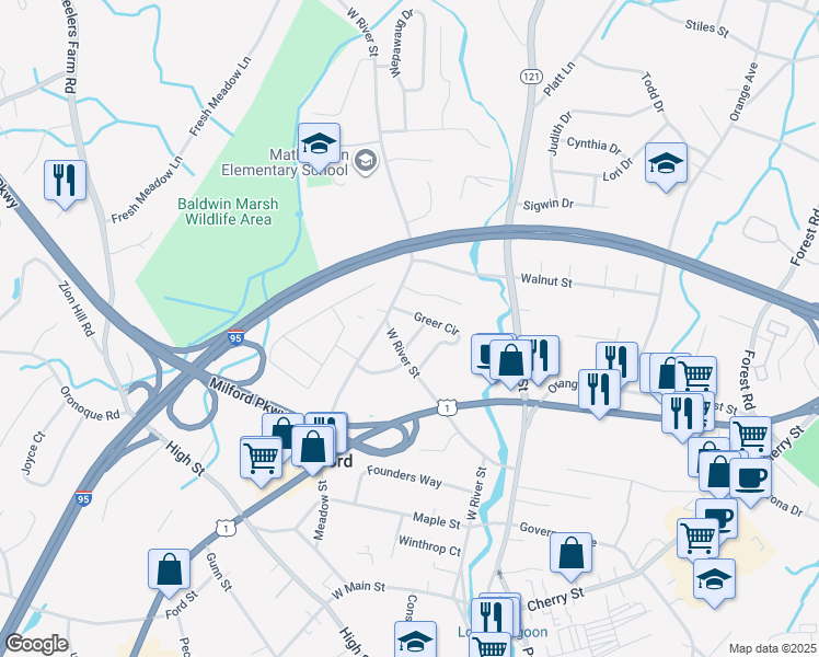 map of restaurants, bars, coffee shops, grocery stores, and more near 101 Greer Circle in Milford
