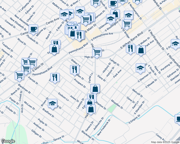 map of restaurants, bars, coffee shops, grocery stores, and more near 182 Dana Street in Wilkes-Barre
